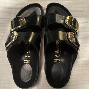 Birkenstock Arizona High Shine Big Buckle Sandals - Black Patent with Gold